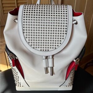 Christian Louboutin White Leather Studded Backpack with Red Accents